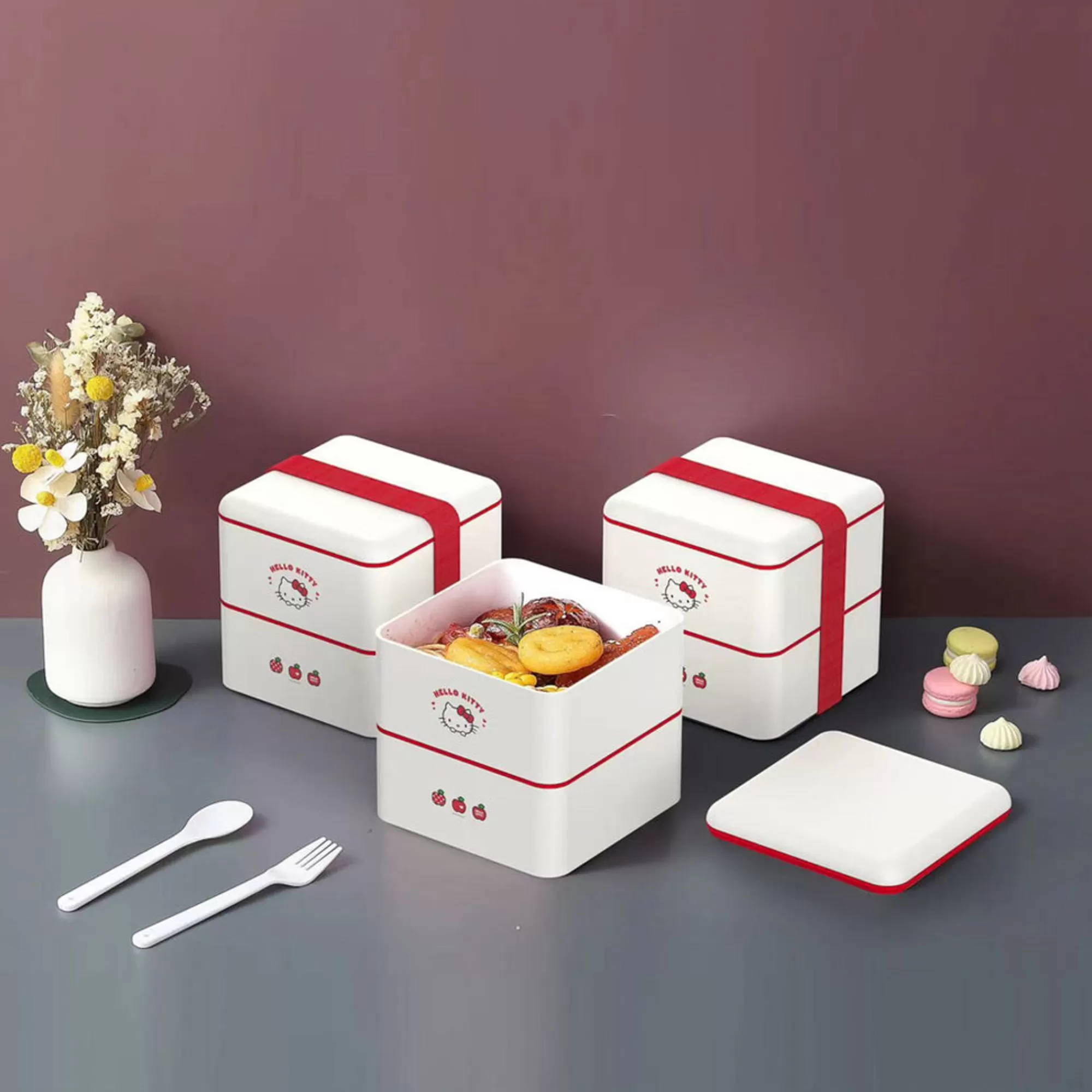 MINISO Sanrio-Porta Pranzo Hello Kitty Apple Due Piani Con Posate
